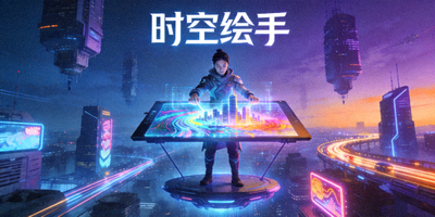 科幻短片《时空绘手》海报，描绘未来城市中的数字艺术家